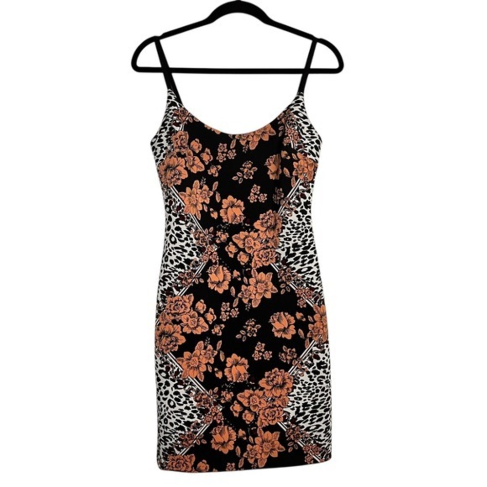 Guess Women's Black Orange Floral Leopard Print Sheath Dress‎ Size M